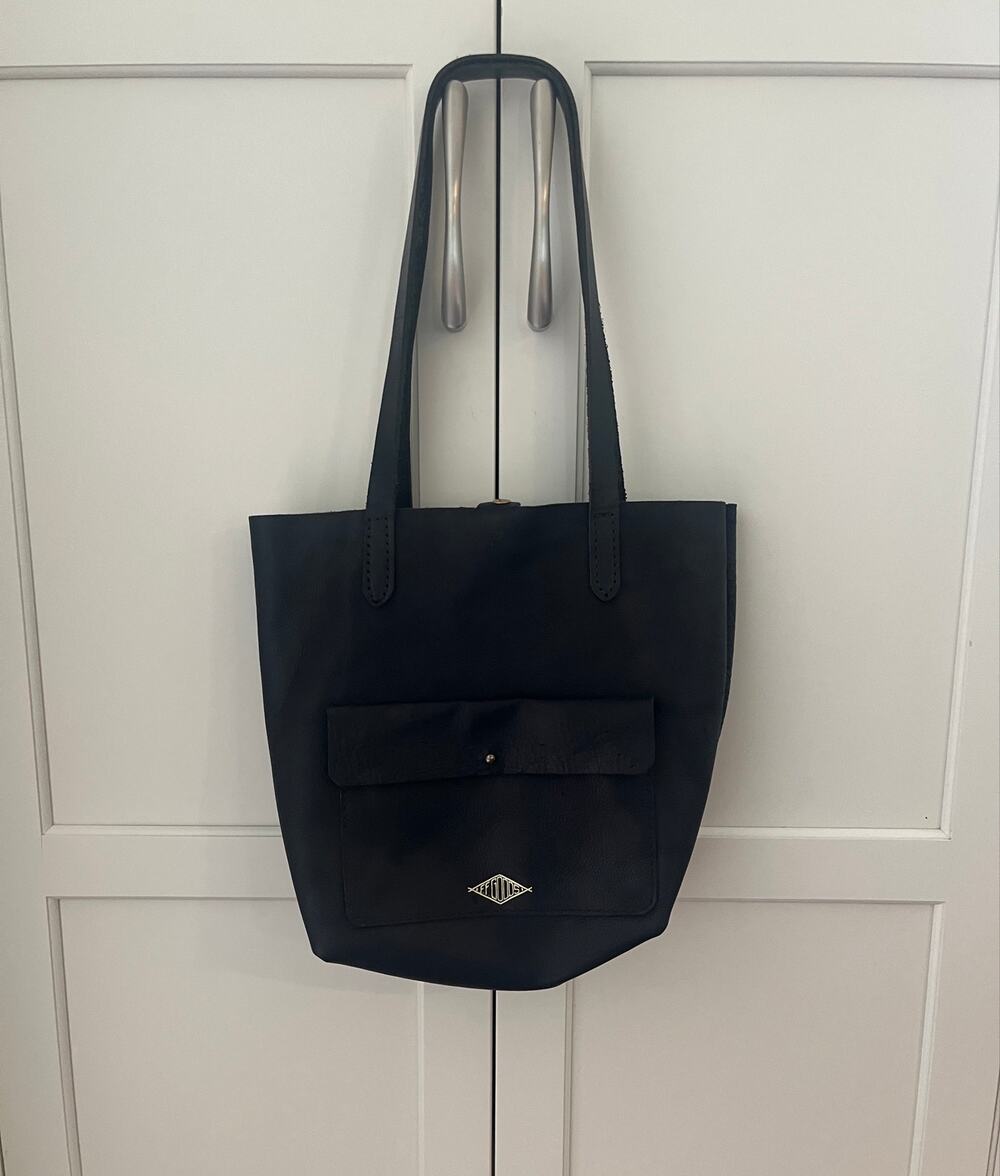 Finns Fickle Goods Black Leather Tote Bag with Front Flap Pocket